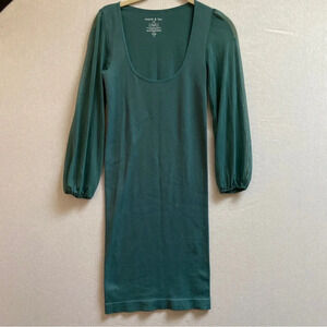 Monk & Lou Annette Midi Scoop Neck Bodycon Dress Chiffon Sleeves Sz S/M